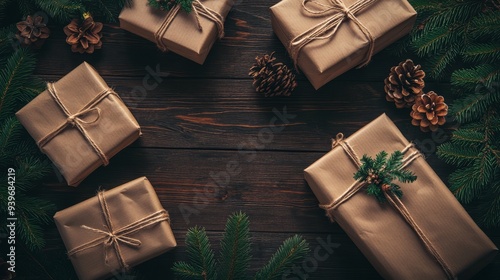 Gifts. Gift boxes on wooden table. Top view