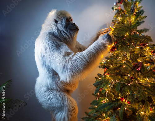 yéti décore le sapin de noël avec des guirlandes lumineuses