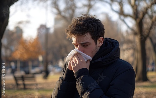 A man is blowing his nose into a napkin while sitting in a park