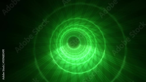 Abstract bright green glowing background with a tunnel of lines and stripes of energy of burning rays of plasma and electricity with light, in video in high quality 4k, motion design photo