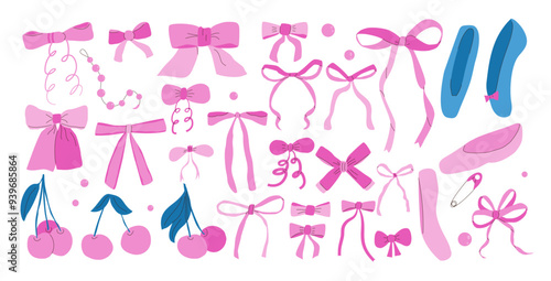 Pink bows, ballet shoes and cherry set. Coquette aesthetic kit. Vector hand drawn bow knot collection illustration isolated on white background.