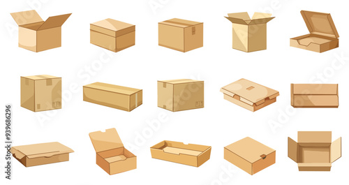 Cardboard boxes set. Side, front and top view. Empty shipping parcel packaging delivery food pizza post boxes. Opened and closed. Various shapes and sizes. Cartoon style isolated vector clipart