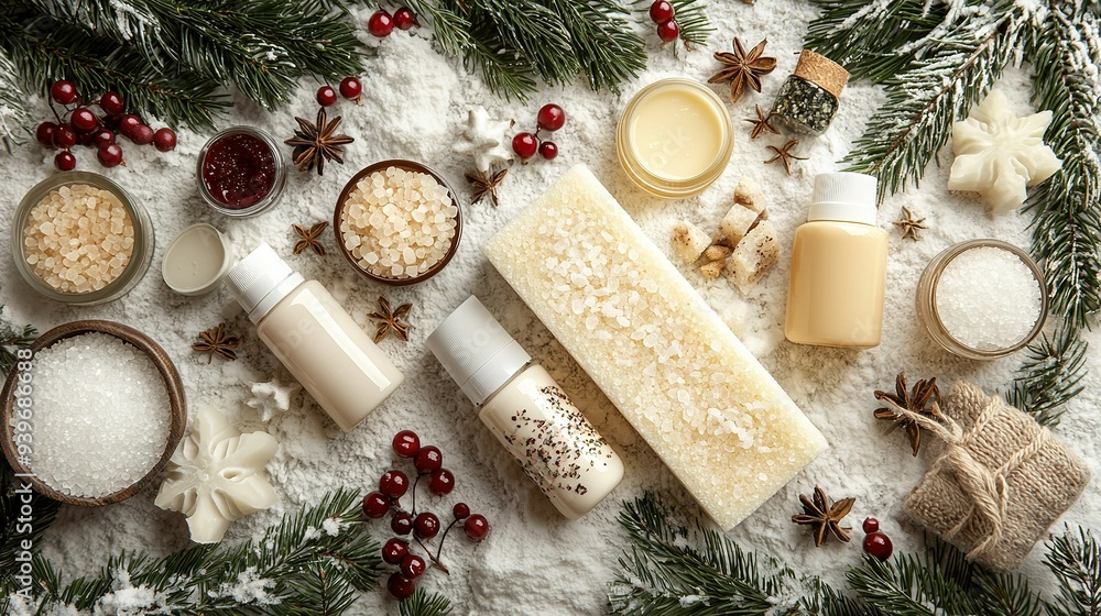 A selection of skin care items resting on a snowy white blanket alongside holiday ornaments and evergreen pine cones placed atop a wooden table A selection of skin care items resting on a snowy white blanket alongside holiday ornaments and evergreen pine cones placed atop a wooden table