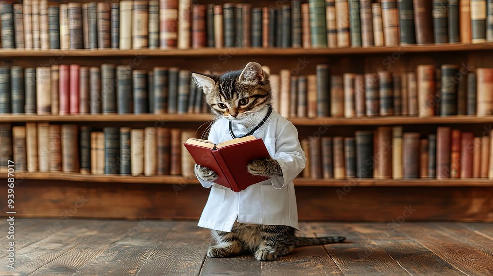 A cat dressed as a doctor reading a book in a library filled with old books A cat dressed as a doctor reading a book in a library filled with old books