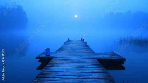Misty sunrise over a wooden dock by a tranquil lake surrounded by trees in early morning light