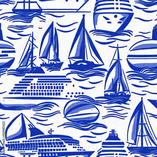 Wallpaper Mural Coastal sail boat in azure ocean blue seamless background, Modern sailing race boat block print for decorative coast interior furnishing fabric . Rustic linen beach cottage trend tile.  Torontodigital.ca