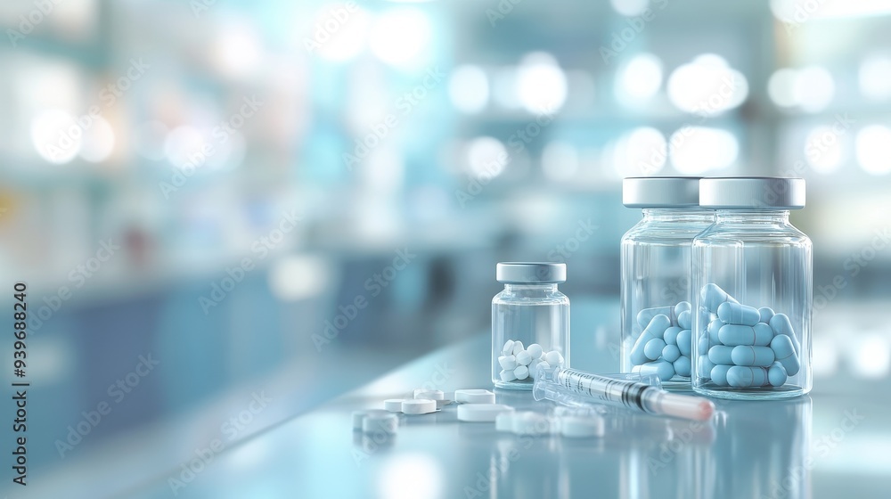 Bottles and vials containing pills and a syringe on a medical table. Bottles and vials containing pills and a syringe on a medical table.