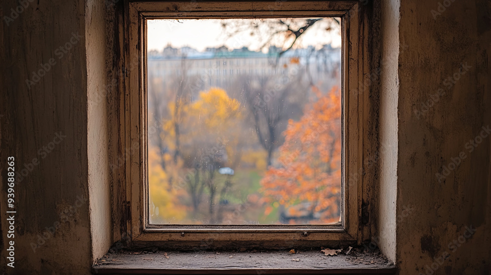 Obraz premium Autumn foliage seen through a rustic window in a historic building in the late afternoon