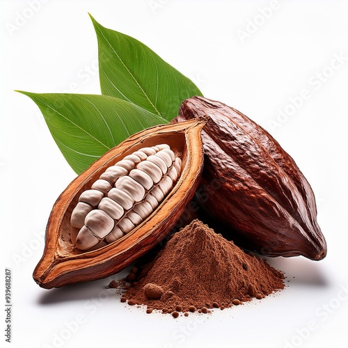 Cocoa pods and cocoa beans and cacao powder with leaves isolated on white background