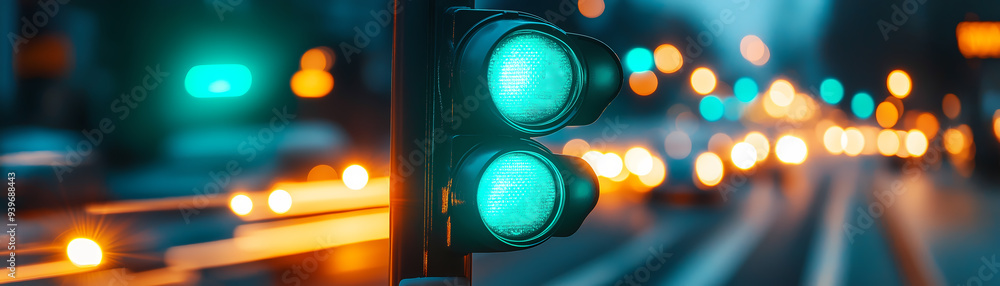 A green traffic light signals go at a bustling city intersection, with blurred vehicle lights creating a vibrant, urban atmosphere. A green traffic light signals go at a bustling city intersection, with blurred vehicle lights creating a vibrant, urban atmosphere.