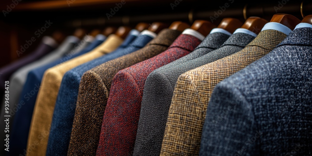 Obraz premium A detailed image captures a row of stylish and meticulously tailored men's suits in various colors and patterns displayed on hangers in a high-end clothing store