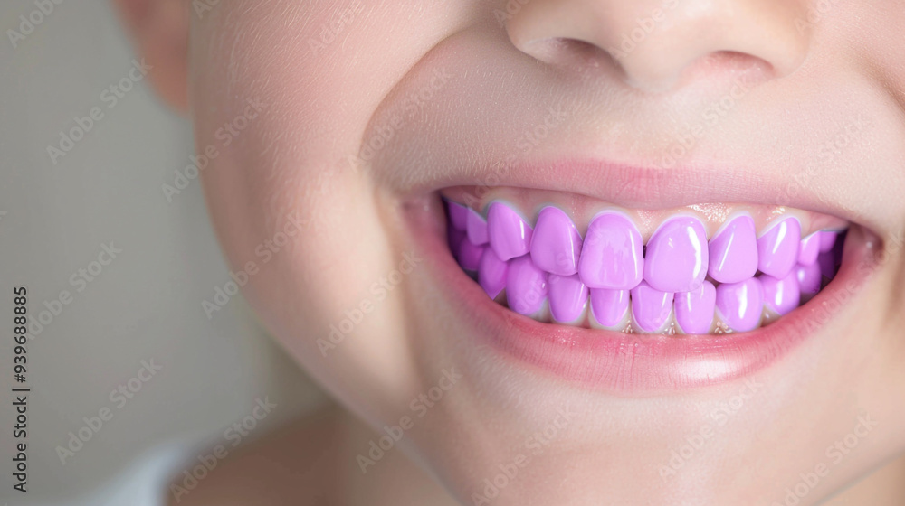 Obraz premium Dental care hygiene, purple tooth child smiling, smile dentistry, ultra-realistic stock photo.