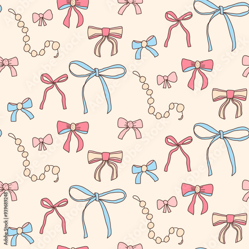 Bows seamless pattern. Decorative fashion band endless background. Coquet gift and present beauty accessories repeat cover. Bowknot continuous ornament. Vector hand drawn flat illustration.