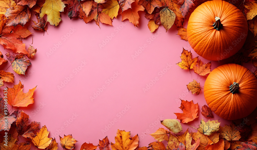 Fototapeta premium Orange pumpkins and dry maple leaves flat lay on a pastel background, perfect for Thanksgiving holiday decor and fall season atmosphere.