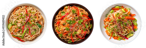 Set of Asian sesame noodle salad isolated on a transparent background