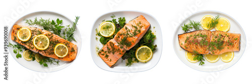 Set of lemon herb baked salmon isolated on a transparent background