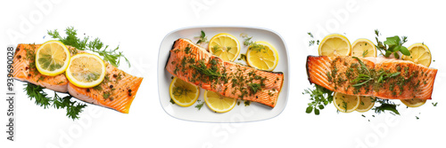 Set of lemon herb baked salmon isolated on a transparent background
