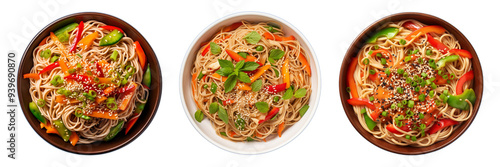 Set of Asian sesame noodle salad isolated on a transparent background