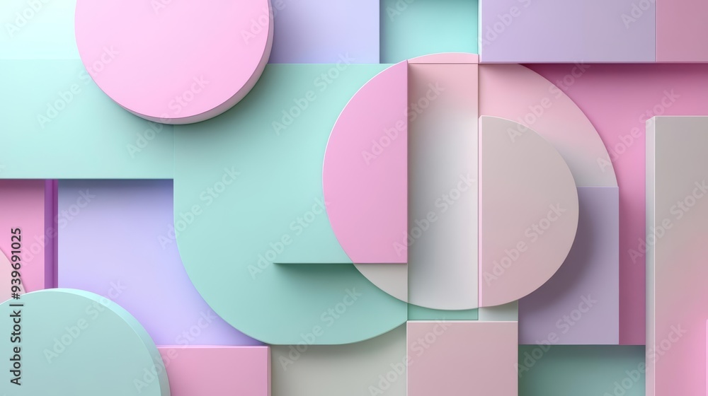 Create a geometric abstract art piece featuring soft pastel circles and squares with delicate transitions of pink, lavender, and mint green, simple and minimal Create a geometric abstract art piece featuring soft pastel circles and squares with delicate transitions of pink, lavender, and mint green, simple and minimal