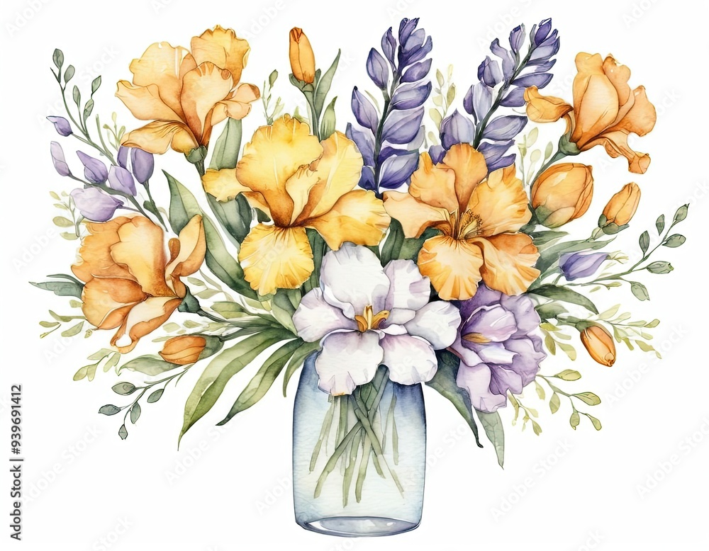 Watercolor painting of a bouquet of yellow, purple, and white flowers in a glass vase. Watercolor painting of a bouquet of yellow, purple, and white flowers in a glass vase.