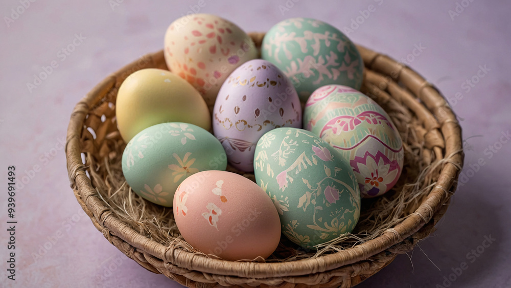 A soft, pastel-colored wallpaper featuring a pattern of beautifully decorated Easter eggs, with intricate designs in shades of pink, lavender, mint green, and soft yellow A soft, pastel-colored wallpaper featuring a pattern of beautifully decorated Easter eggs, with intricate designs in shades of pink, lavender, mint green, and soft yellow
