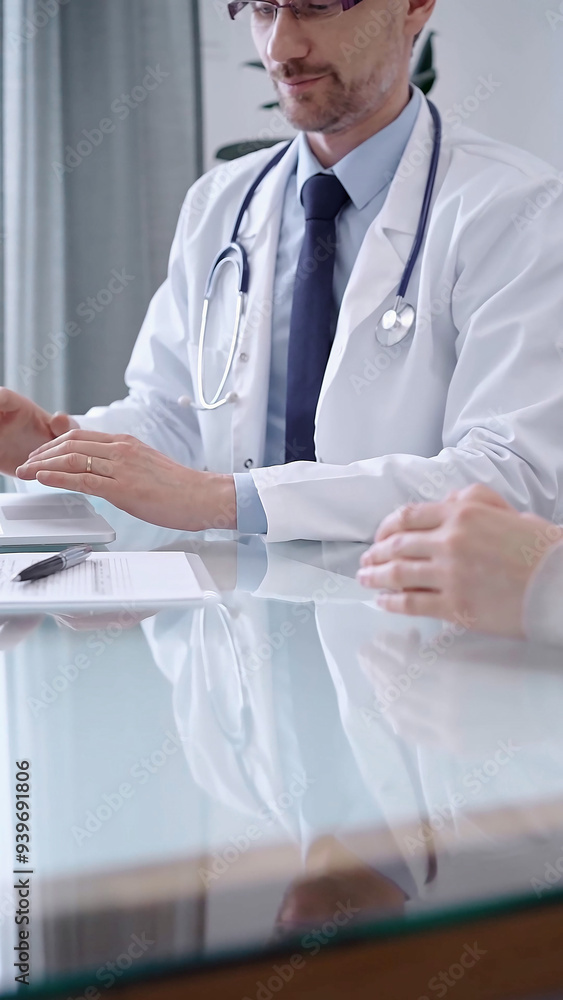 Doctor consulting patient. Male physician is gesturing above a clipboard while talking with a woman in a clinic, close up. Medicine concept Doctor consulting patient. Male physician is gesturing above a clipboard while talking with a woman in a clinic, close up. Medicine concept