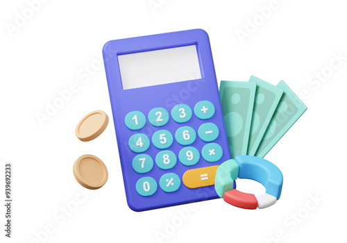 Calculator financial graph economics analytics grow. income coin banknote money saving fund investment, Cost reduction finance education concept. on isolated background. 3d rendering