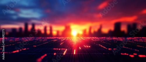 Futuristic digital cityscape at sunset with technological grid foreground and urban skyline. Modern technology meets vibrant urban sunset.