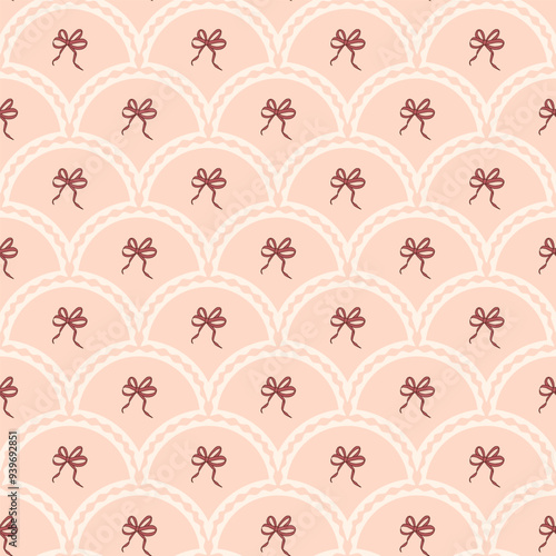 Silk bows scallop seamless pattern. Bowknot arch repeat background. Beauty retro endless design. Vector hand drawn illustration.