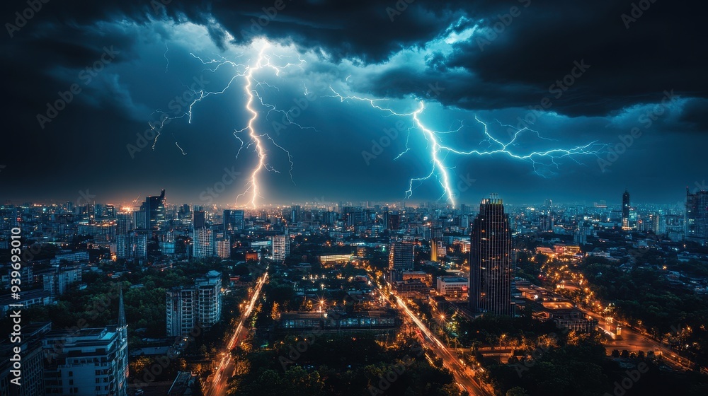 Dramatic cityscape illuminated by lightning during a storm, showcasing nature's power. Dramatic cityscape illuminated by lightning during a storm, showcasing nature's power.