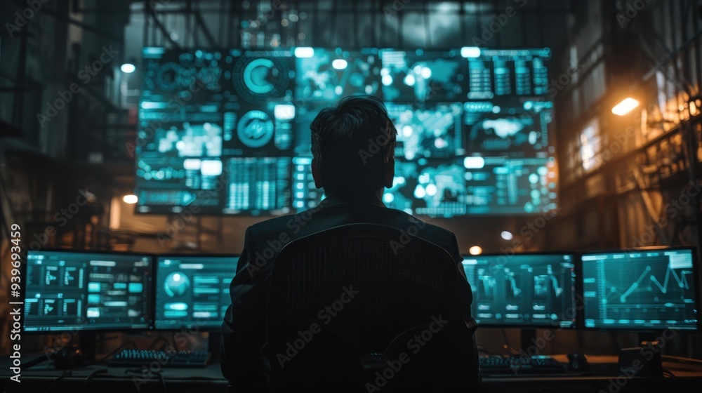 Cybersecurity expert analyzing data on multiple monitors in a dark room. Cybersecurity expert analyzing data on multiple monitors in a dark room.