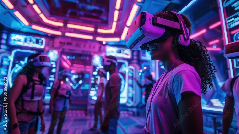 People enjoying a VR adventure in a high-tech room with holographic displays. People enjoying a VR adventure in a high-tech room with holographic displays.