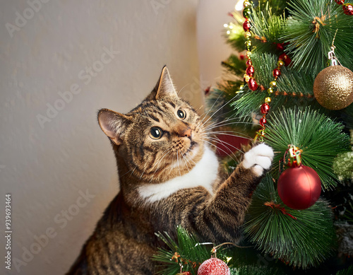 Chat joue avec les guirlandes d'un sapin de noël photo