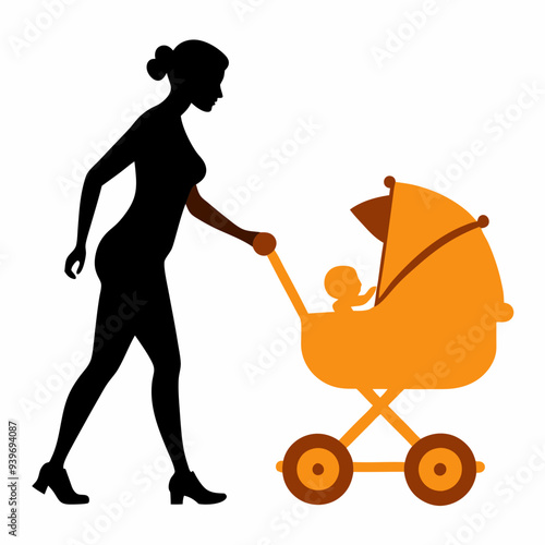 Mother pushing baby pram silhouette vector