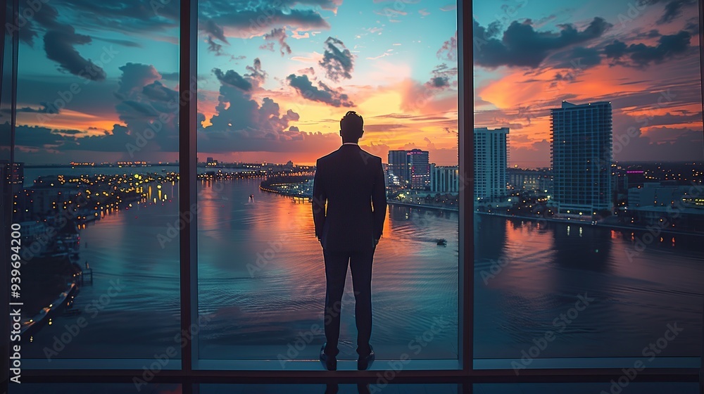 Silhouette of Man Looking at City Sunset Silhouette of Man Looking at City Sunset