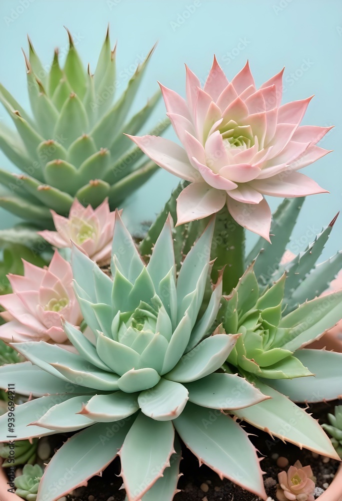 Obraz premium Various types of cactus and plants, some of them flowering, arranged on a monochrome pastel background