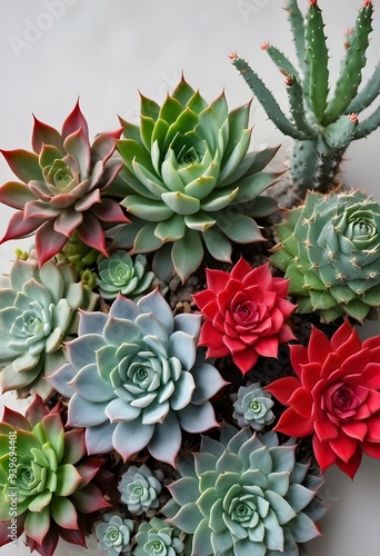 Various types of cactus and plants, some of them flowering, arranged on a monochrome pastel background