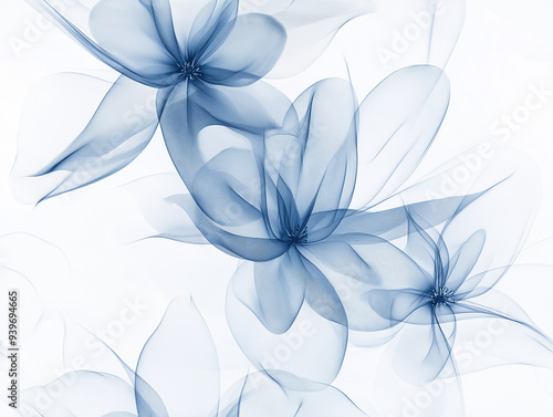 Delicate, translucent blue flowers on a white background. The soft and airy design conveys elegance and serenity, ideal for textiles or calming environments.