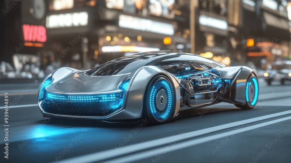 Futuristic Concept Car Driving Through City Futuristic Concept Car Driving Through City