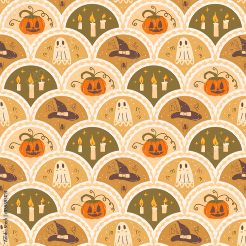 Halloween scallop seamless pattern. Jack O Lantern Pumpkins, hat and ghost arch repeat background. All Hallows' Eve retro endless design. Vector hand drawn illustration.