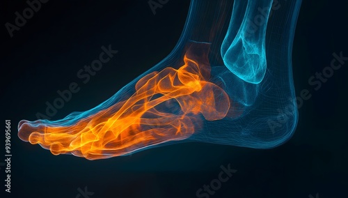 Detailed 3D illustration showing the anatomy and bones structure of a human foot. Vivid colors enhance the visibility of foot components, useful for medical and educational purposes.