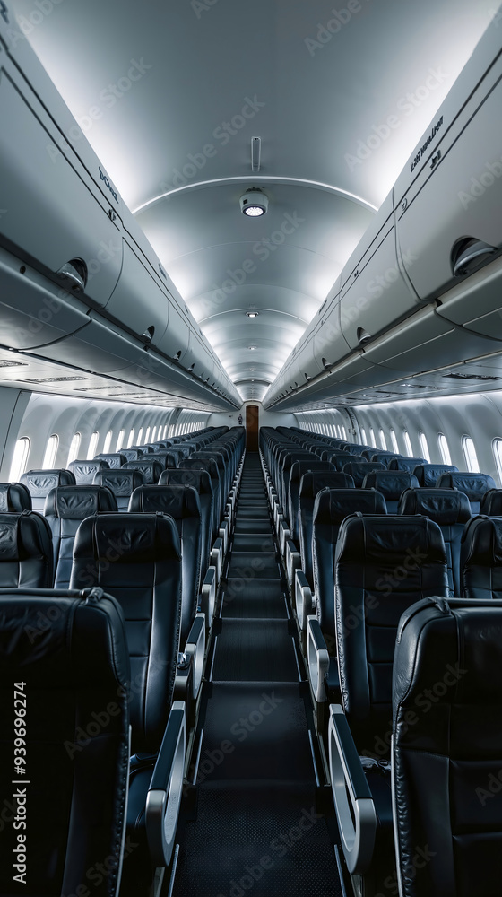 A row of empty seats in an airplane with no passengers A row of empty seats in an airplane with no passengers