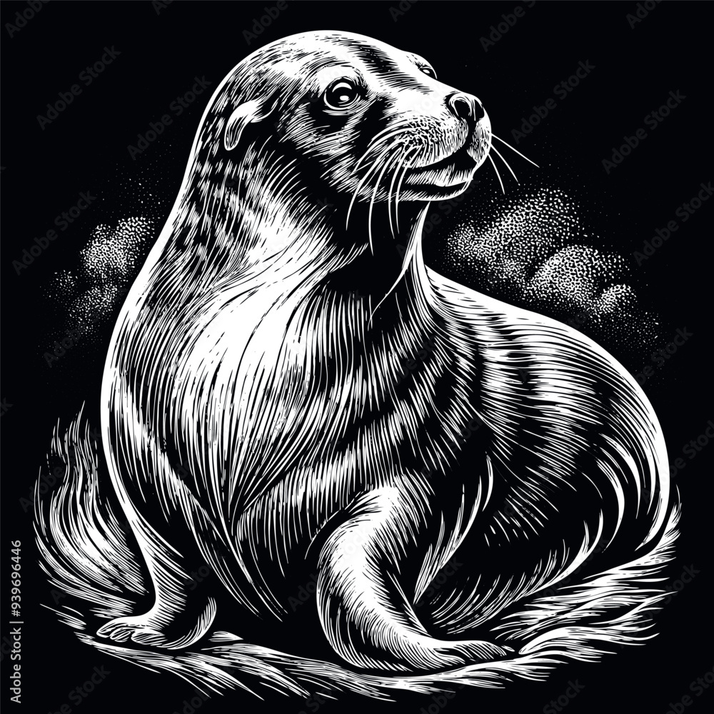 Sea lion engraved vector