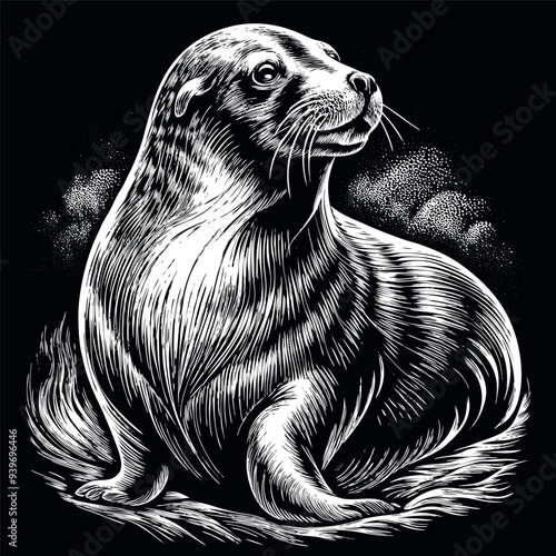 Obraz na płótnie Sea lion engraved vector w salonie