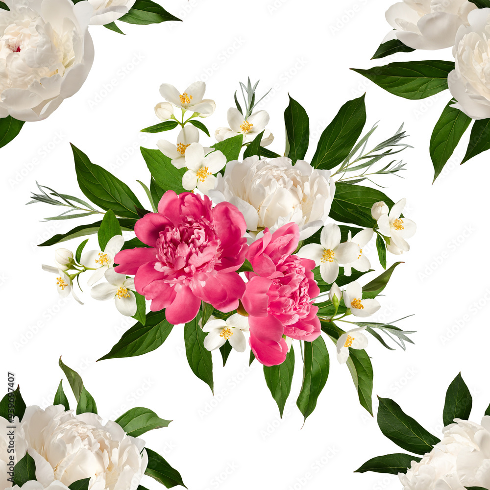 Fototapeta premium Floral Seamless Pattern of peonies and jasmine flowers isolated on white background. Perfect for cards, invitations, wallpaper, wrapping paper, interior decoration, wedding cards.