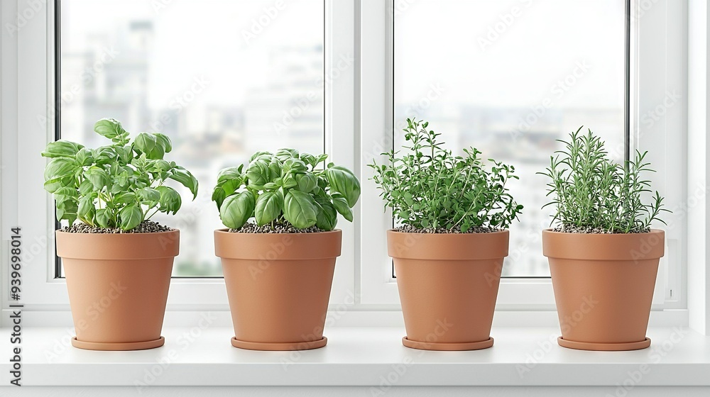 Potted plants sit on window sill, in front of window Potted plants sit on window sill, in front of window