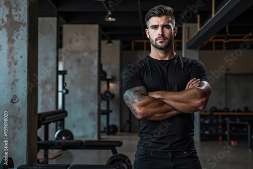 A man standing in a gym with his arms crossed