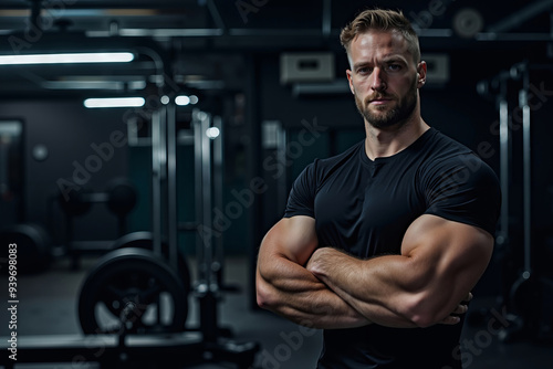 A man standing in a gym with his arms crossed