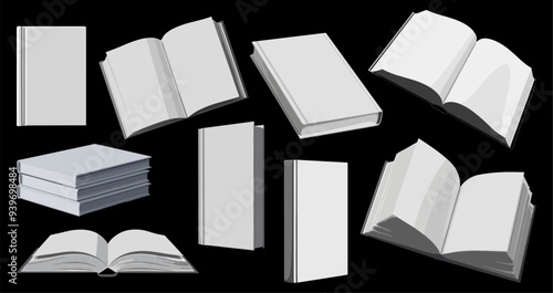 Hardcover book mockup set. Stacked book oened and closed. Upright with its spine facing outward. Blank and white. Layout for publishing and advertising print products. Cartoon style isolated vector