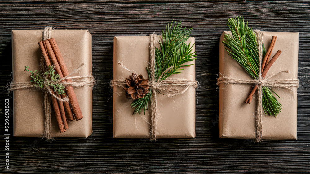 Obraz premium Eco-Friendly Gift Wrapping: Stylish and Sustainable Holiday Packages Decorated with Natural Elements Like Pine Cones, Cinnamon Sticks, and Evergreen Sprigs, Emphasizing Thoughtful, Green Living